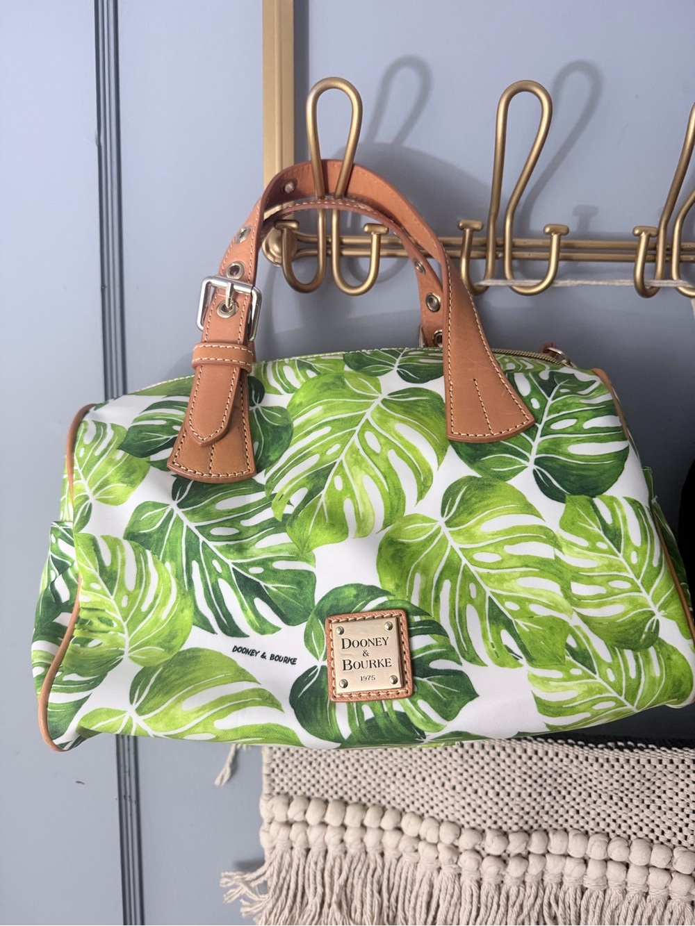 Dooney & Bourke Green Leaf Print Satchel with Tan Trim